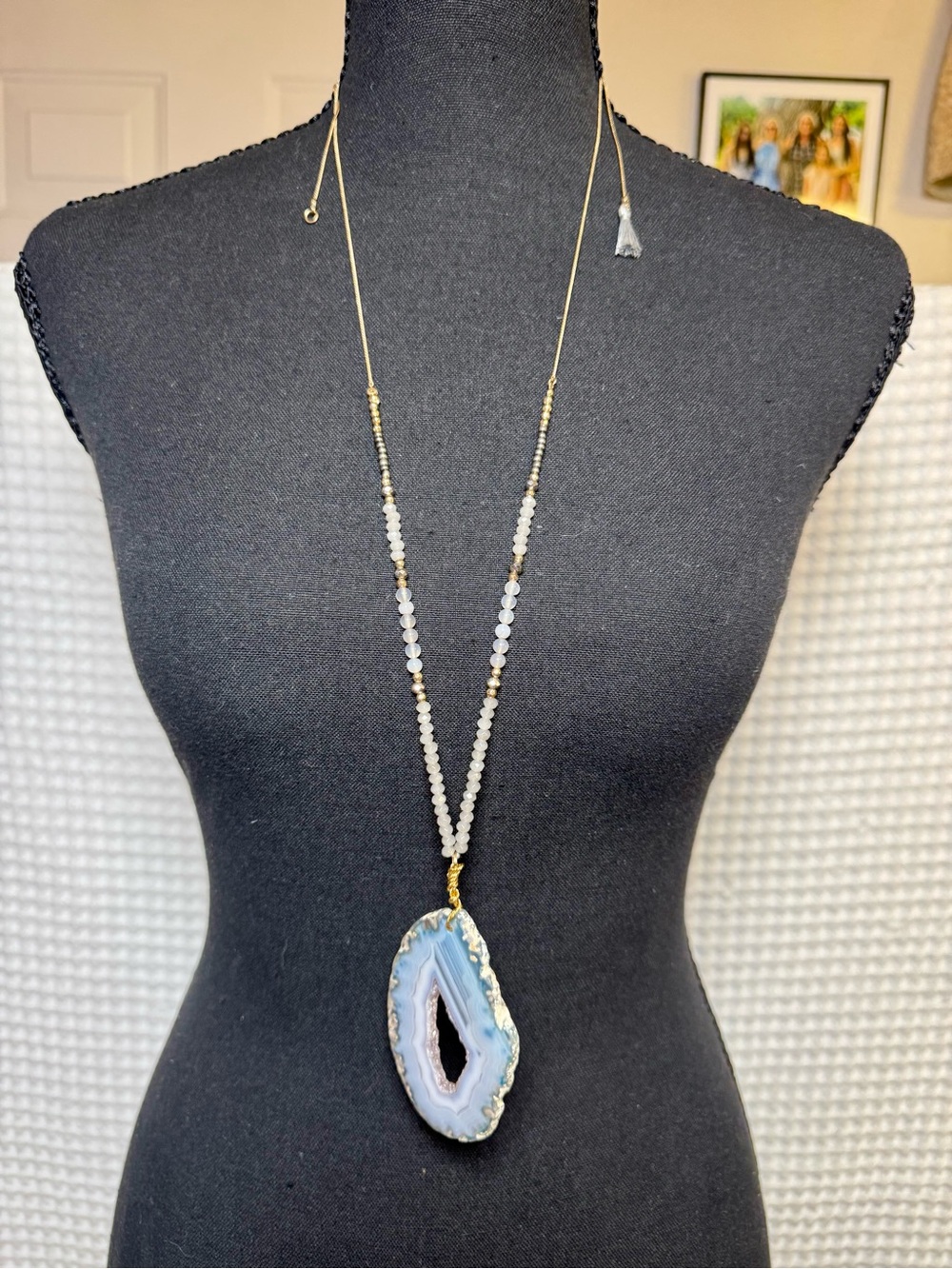 Gold-Trim Blue Agate Slice Pendant Necklace - Adjustable Length up to 24”